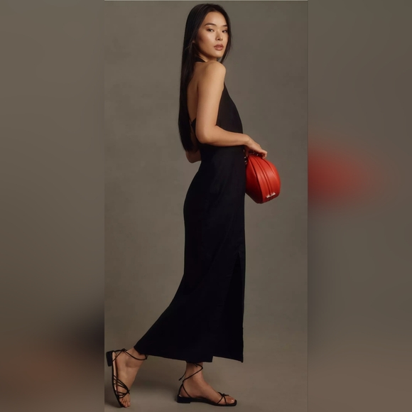 Anthropologie Linen Halter V-Neck Column Midi Dress Black Size Small - Picture 4 of 12